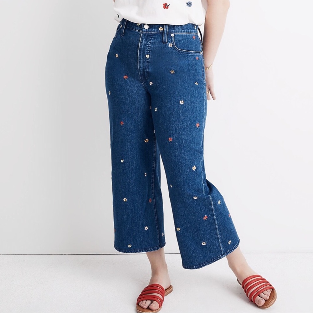 Madewell Confetti Floral Embroidered Wide Leg Crop Jeans, Size 28
